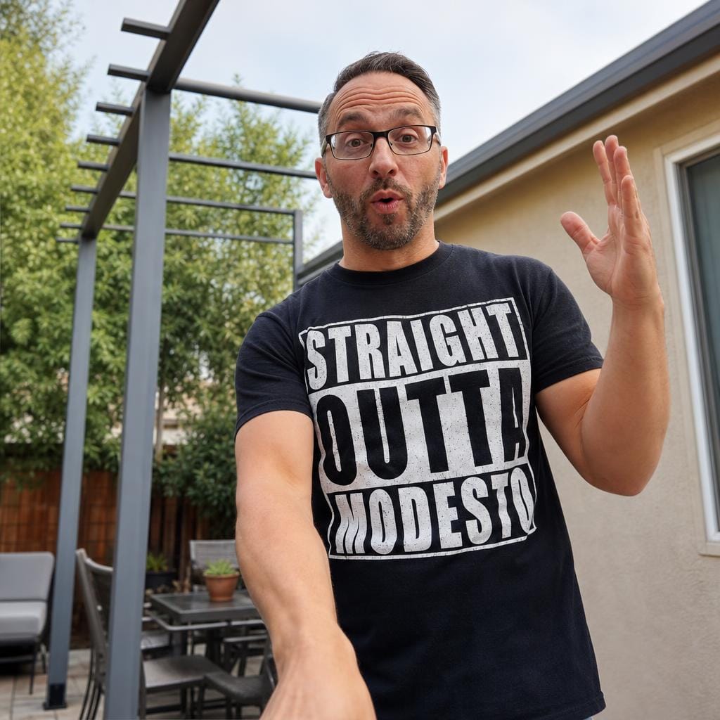 Sam in a Straight Outta Modesto shirt